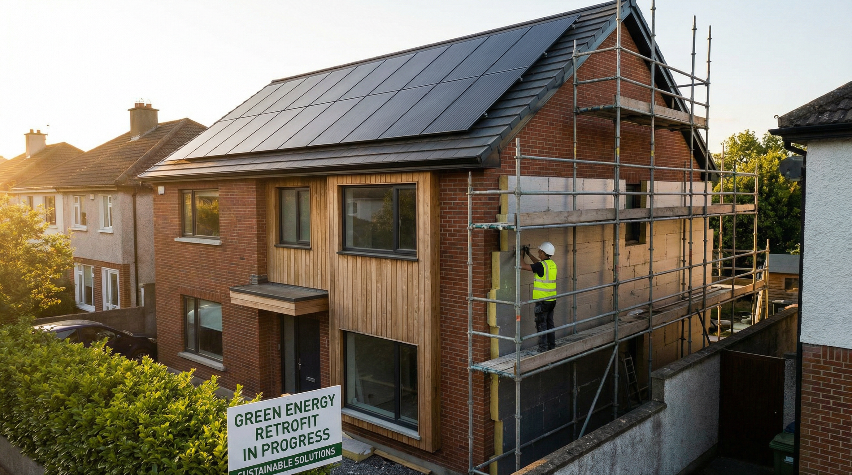Home with solar panels being retrofitted
