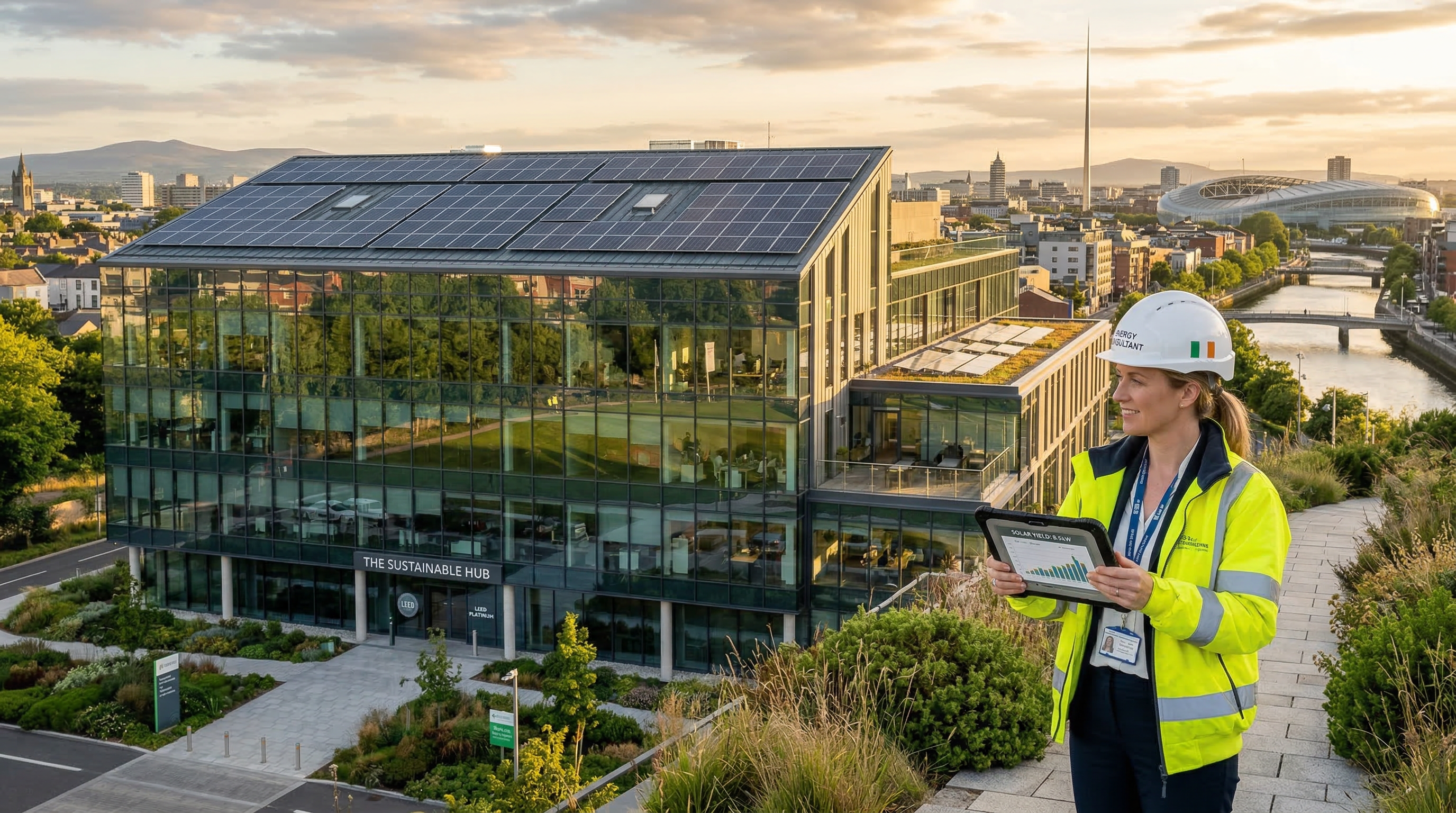 Commercial building with solar panels, Dublin skyline, energy consultant